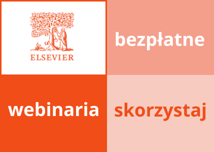 Elsevier - harmonogram bezpłatnych szkoleń. Grafika z logo firmy Elsevier w pomarańczowo białych barwach