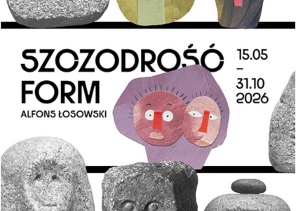 Plakat reklamujący wystawę prac Alfonsa Łosowskiego pt. "Szczodrość form": na plakacie rzeźby artysty 