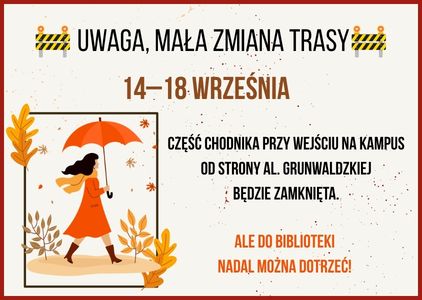 Komunikat o remoncie chodnika od strony Grunwaldzkiej w jesiennych kolorach
