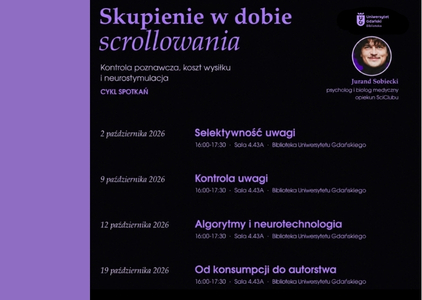 grafika reklamująca cykl spotkań pt. „Skupienie w dobie scrollowania”