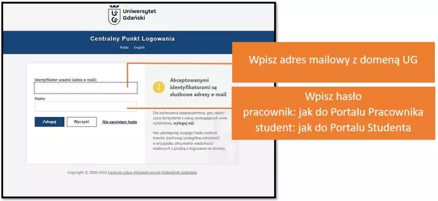 Slajd pokazujący logowanie dla osób związanych z UG - krok 2