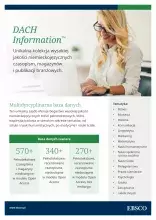 Kobieta w okularach pisze na komputerze i opis bazy Dach-information