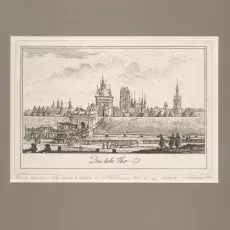 BRAMA WYŻYNNA I WAŁY OBRONNE według rysunku Friedricha Antona Augusta Lohrmanna (ok. 1735- ok. 1800), wym. 18,5 x 27,5 cm, wym. passe-partout 35 x 42 cm,  Cena 153,-