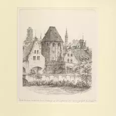 BASZTA NAROŻNA I DZIEDZINIEC DWORU MIEJSKIEGO według rysunku z 1844 roku Ferdinanda Gregoroviusa (1822-1854), wym. 26,5 x 22 cm, wym. passe-partout 42 x 35 cm,  Cena 183,-