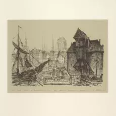 Widok starego Gdańska wg J. Gumowskiego, wym. 22,5 x 32 cm, wym. passe-partout 40 x 50 cm, Cena 200,-